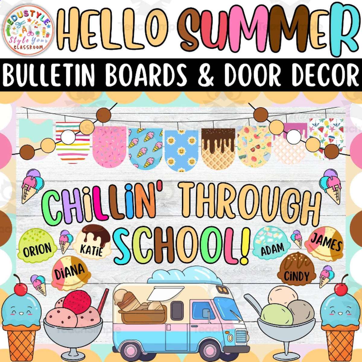 An educational teaching resource from Style Your Classroom entitled Chillin' Through School!: Summer Bulletin boards And door Decor kit downloadable at Teach Simple.