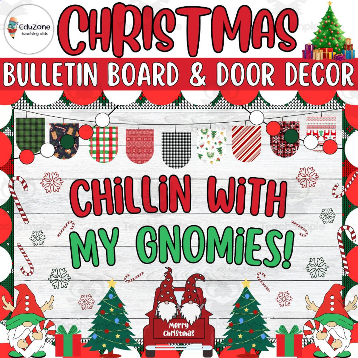 An educational teaching resource from Style Your Classroom entitled Chillin With My Gnomies!: Christmas Bulletin Board & Door Decor kit downloadable at Teach Simple.