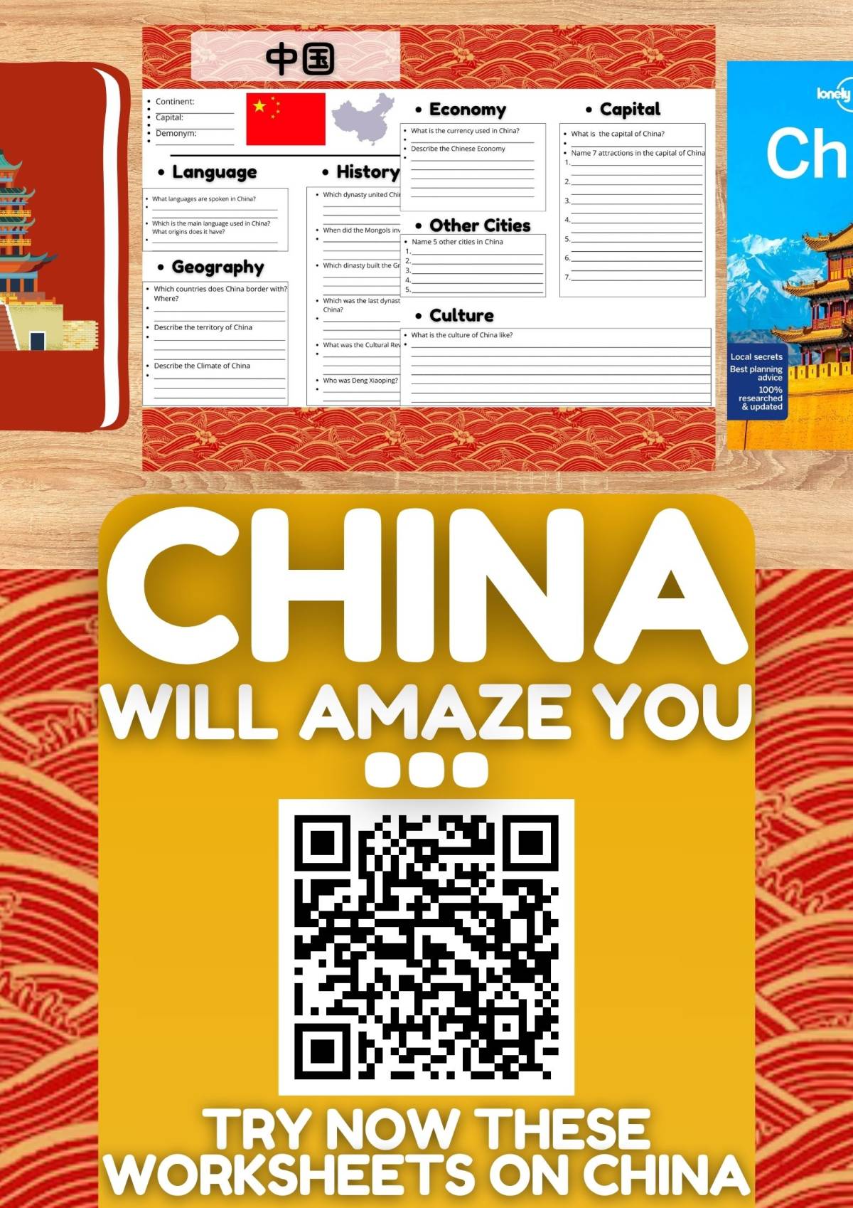 An educational teaching resource from Learning with Alan entitled China Country Study Worksheet - Asia - Geography downloadable at Teach Simple.
