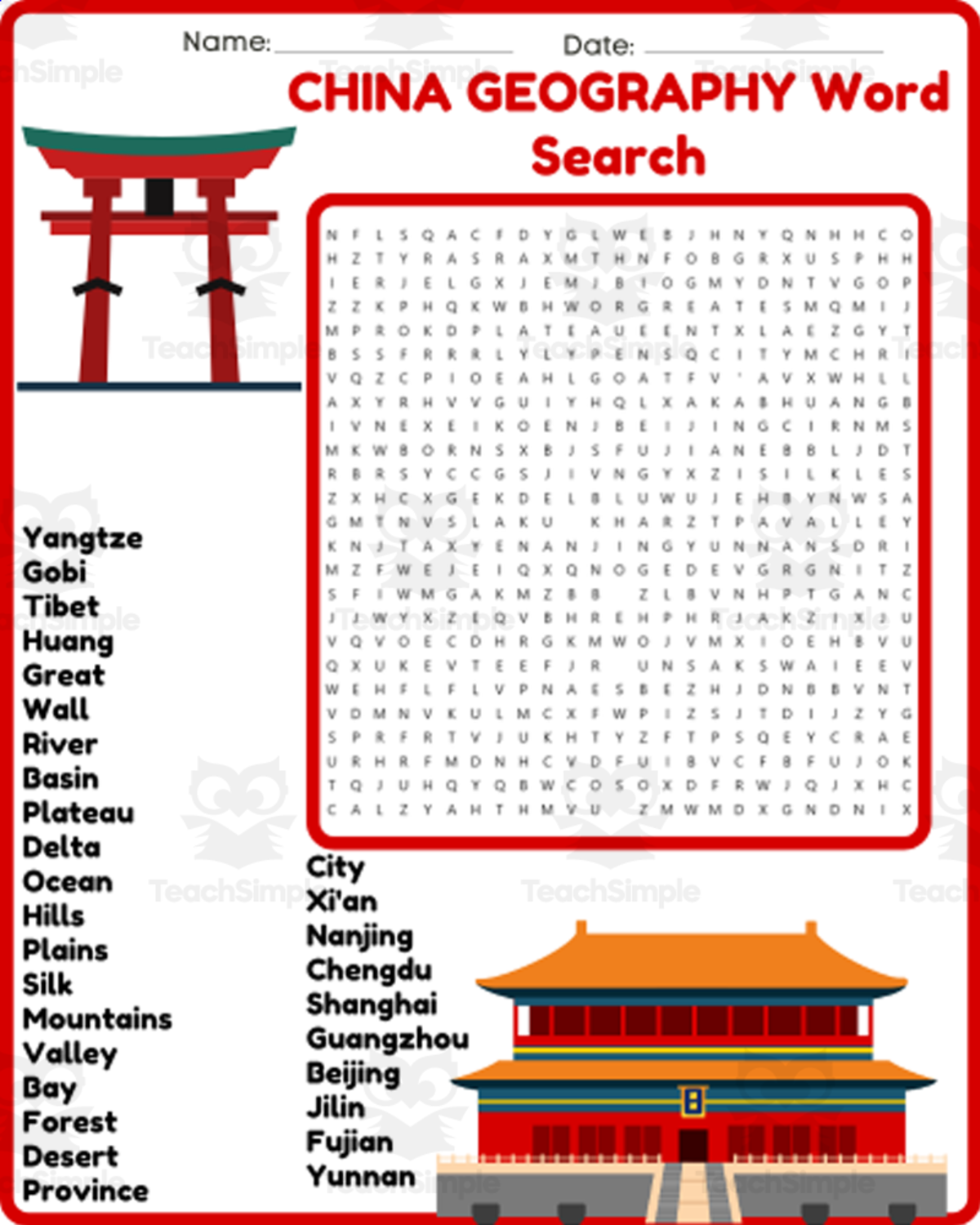 An educational teaching resource from space shope entitled CHINA GEOGRAPHY Word Search Puzzle Worksheet Activity downloadable at Teach Simple.