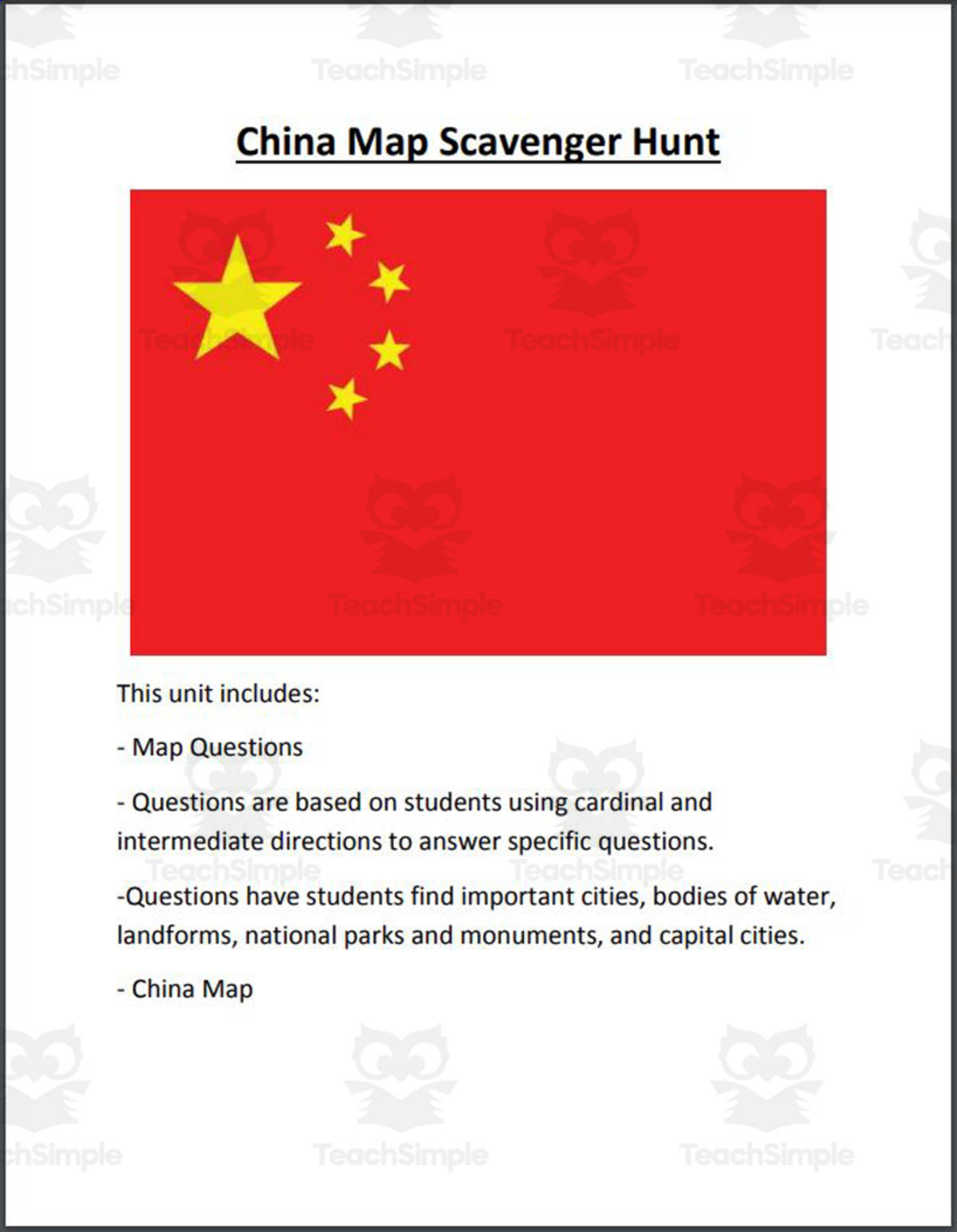 An educational teaching resource from Mr. Matthews Teacher Store entitled China Map Scavenger Hunt downloadable at Teach Simple.