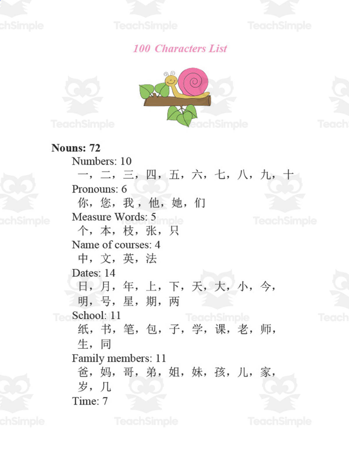 An educational teaching resource from Golden Promise entitled Chinese: 100 Characters List downloadable at Teach Simple.