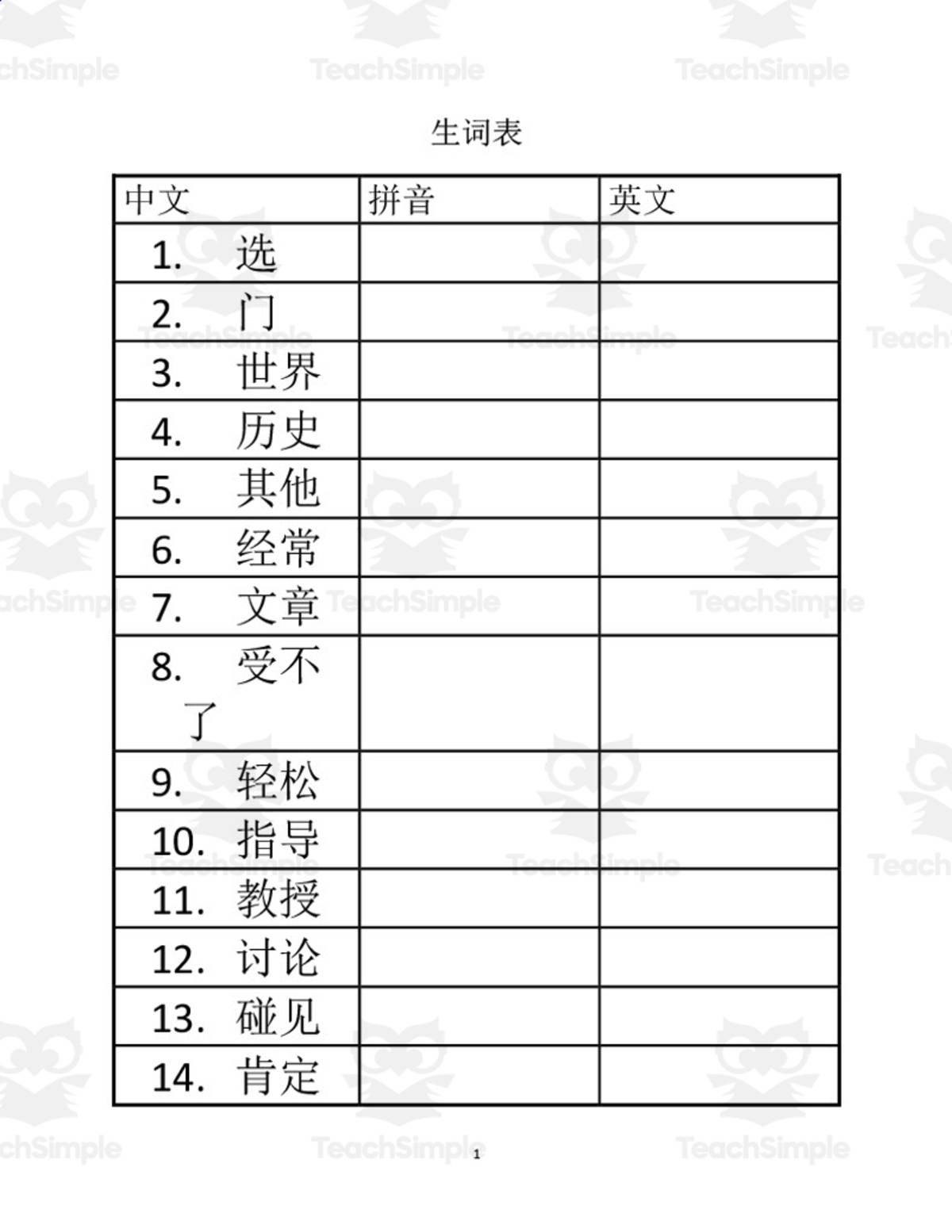 An educational teaching resource from Golden Promise entitled Chinese: Class Selection Argument Vocabulary Selection downloadable at Teach Simple.