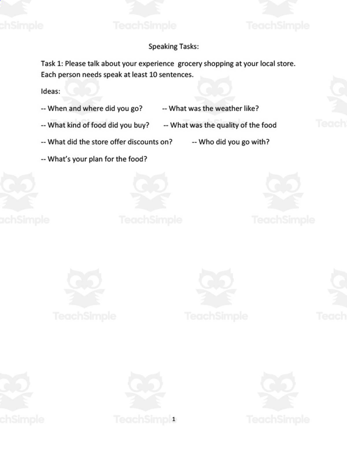 An educational teaching resource from Golden Promise entitled Chinese: Integrated Chinese Textbook - Speaking Tasks on Food downloadable at Teach Simple.