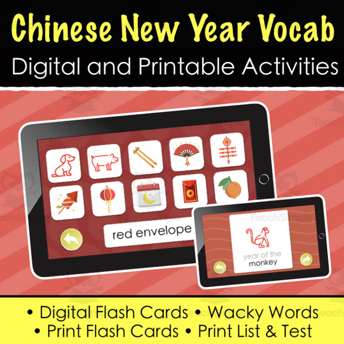 An educational teaching resource from Tom's Talk entitled Chinese New Year 20-Word Practice Set - Digital and Printable Activities downloadable at Teach Simple.