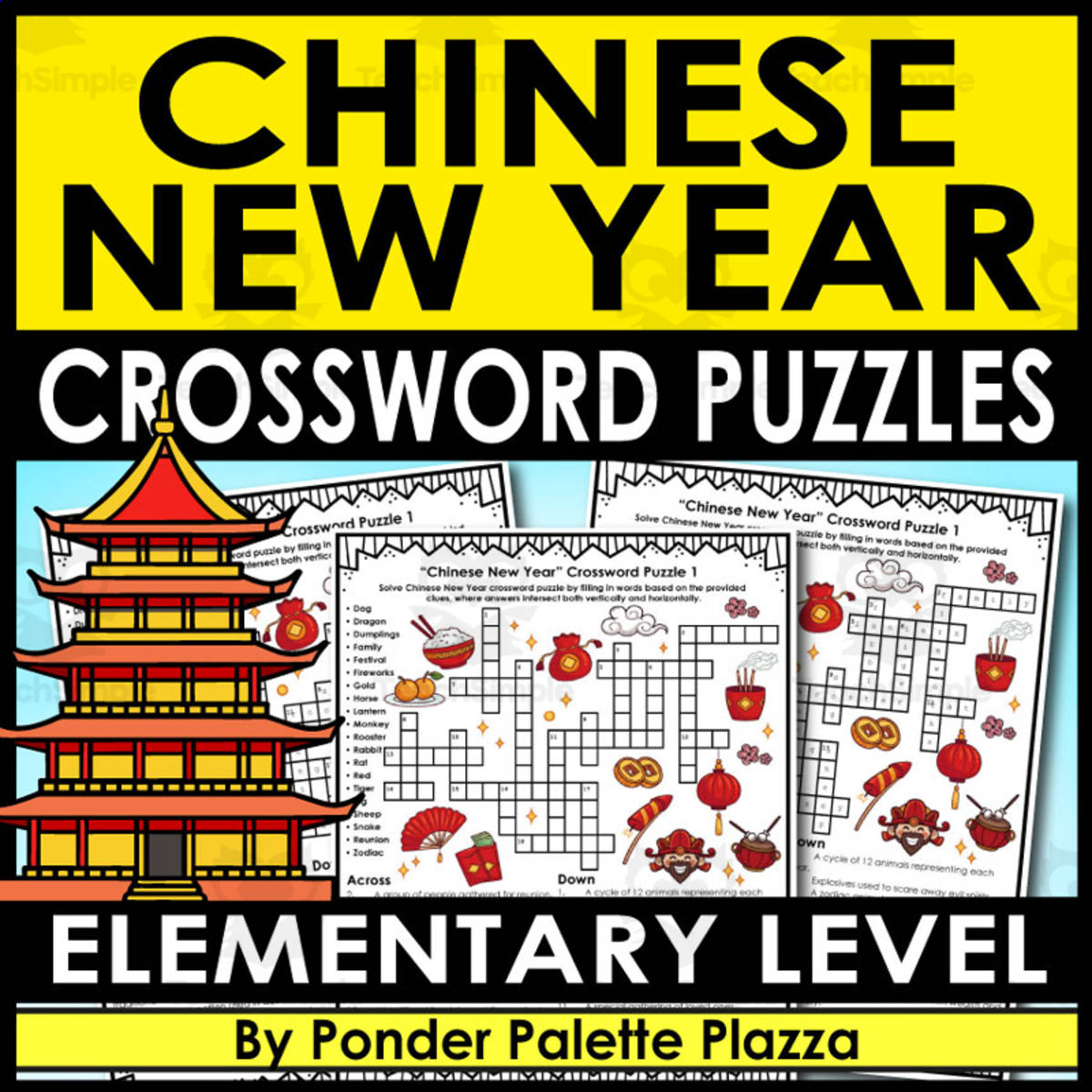 An educational teaching resource from Ponder Palette Plazza entitled Chinese New year Crossword Puzzles + ANSWERS downloadable at Teach Simple.