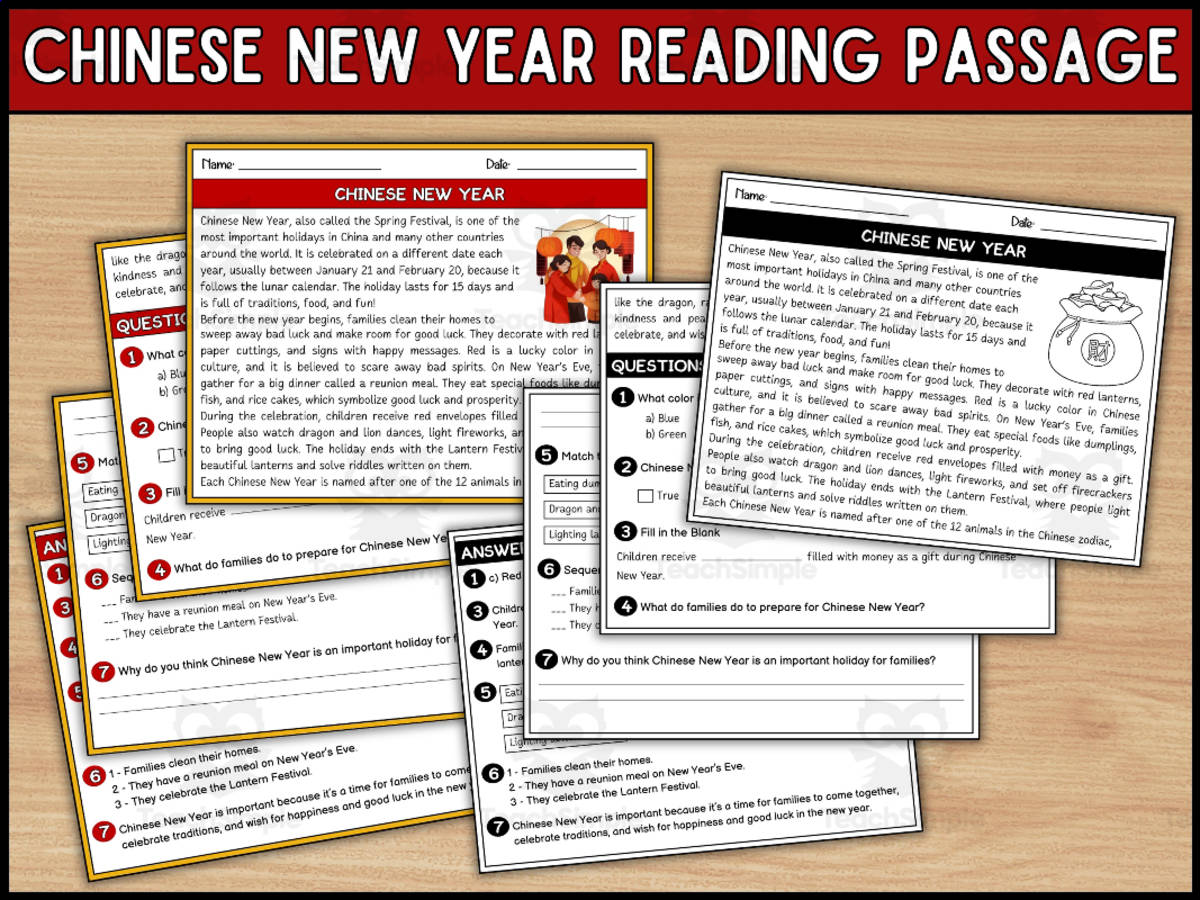 An educational teaching resource from Wonderland School entitled Chinese New Year Reading Comprehension Passage and Questions for 2-5th downloadable at Teach Simple.