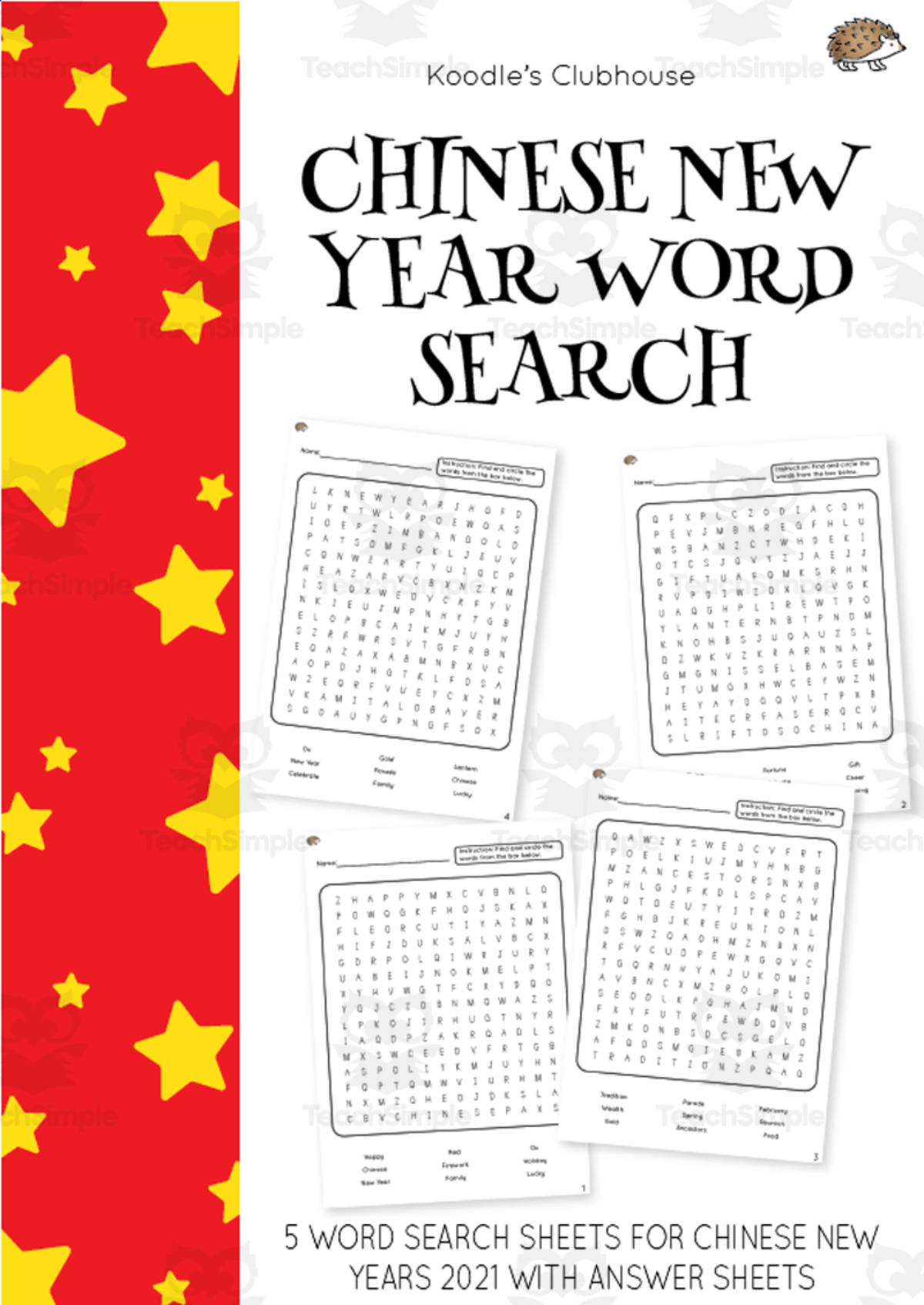 An educational teaching resource from Koodles Clubhouse entitled Chinese New Year Word Search downloadable at Teach Simple.