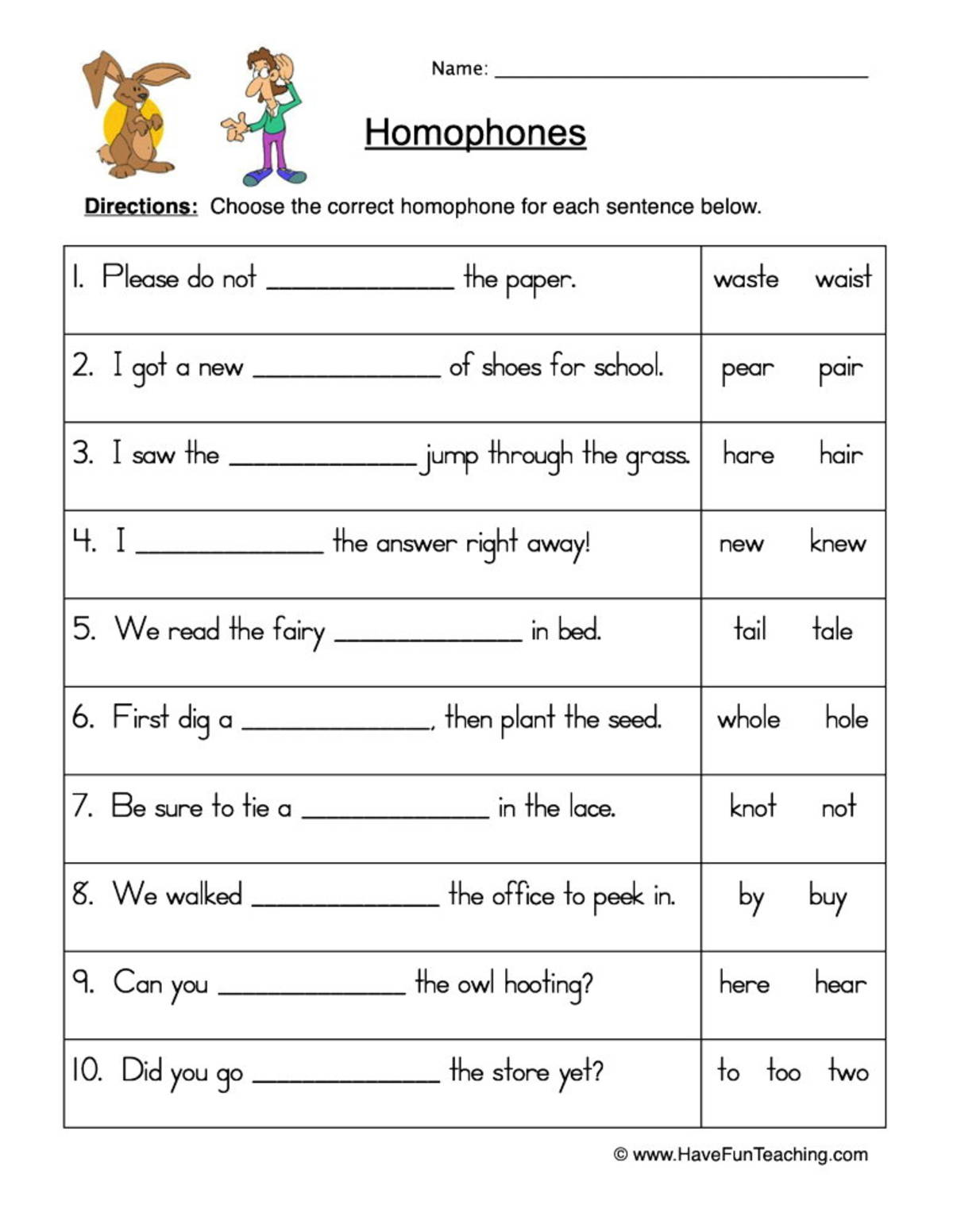An educational teaching resource from Have Fun Teaching entitled Choosing Homophones Worksheet downloadable at Teach Simple.