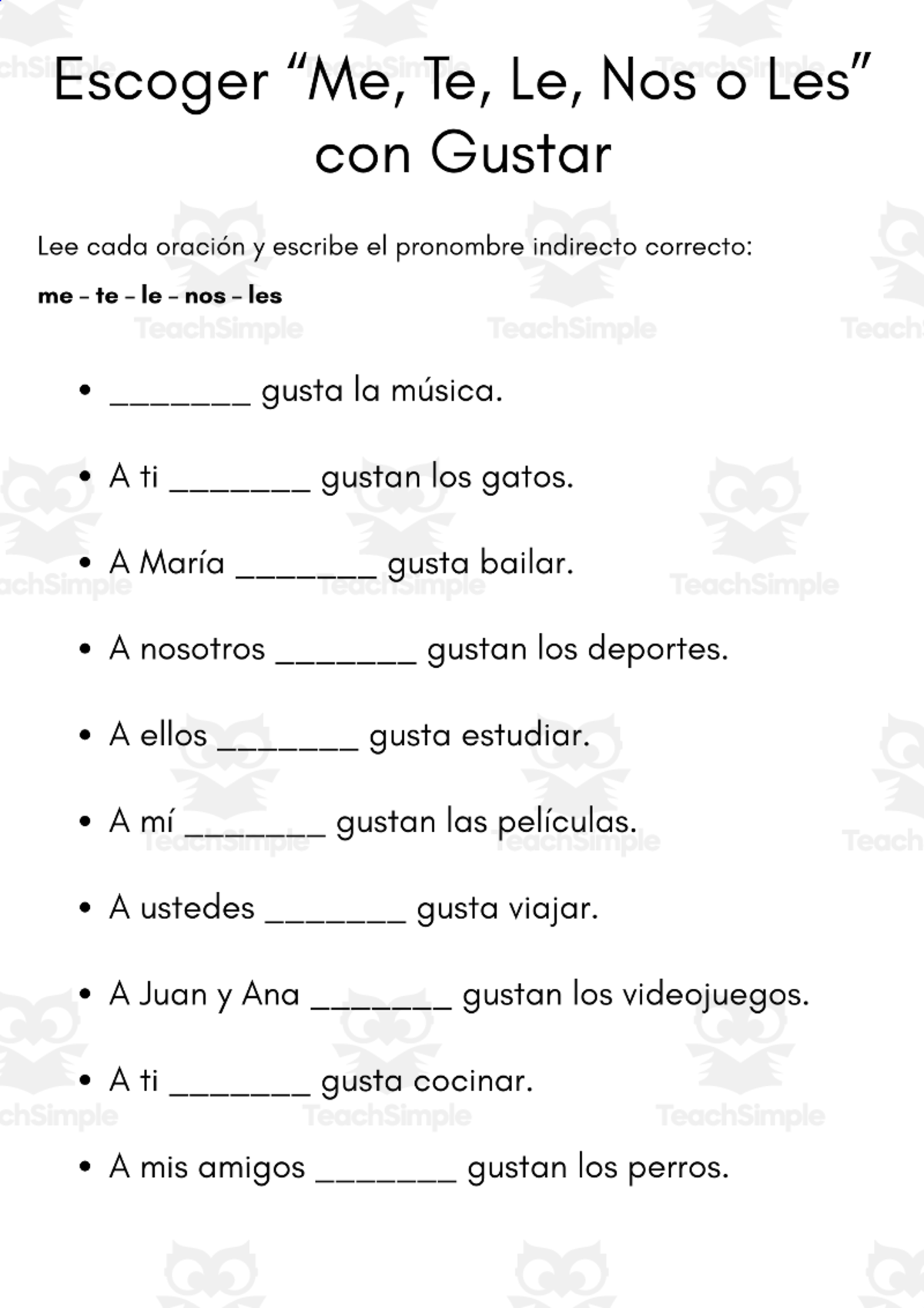 An educational teaching resource from MultiLingual Grammar Lab entitled Choosing “Me, Te, Le, Nos” or “Les” with Gustar Spanish Worksheet downloadable at Teach Simple.