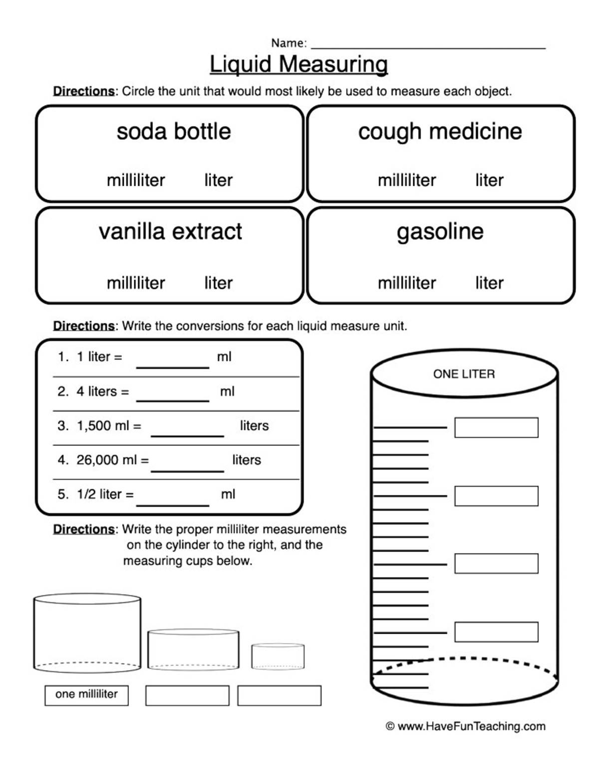 An educational teaching resource from Have Fun Teaching entitled Choosing Milliliter or Liter Worksheet downloadable at Teach Simple.