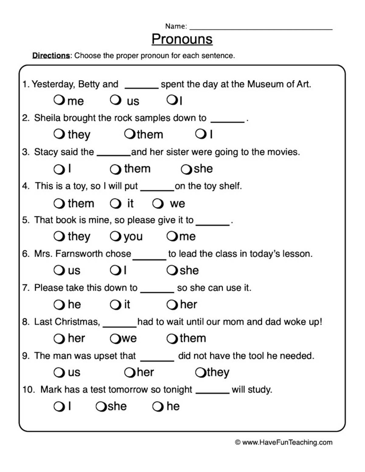 An educational teaching resource from Have Fun Teaching entitled Choosing Pronouns Worksheet downloadable at Teach Simple.