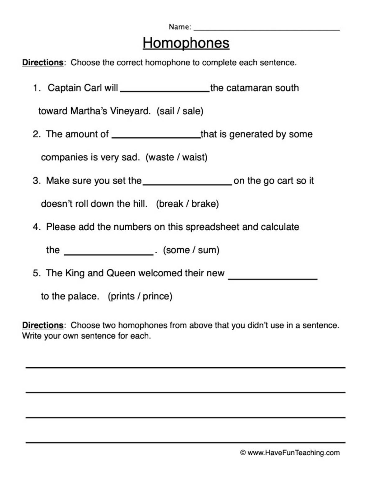 An educational teaching resource from Have Fun Teaching entitled Choosing the Correct Homophones Worksheet downloadable at Teach Simple.