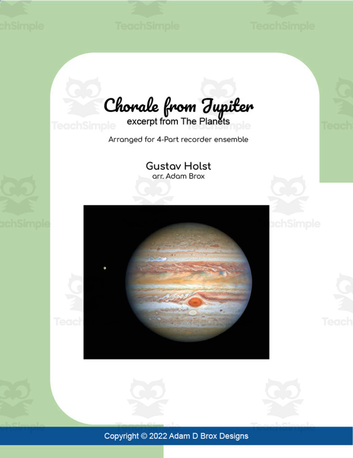 An educational teaching resource from Adam Brox Music Store entitled "Chorale from Jupiter" Small Ensemble Sheet Music downloadable at Teach Simple.