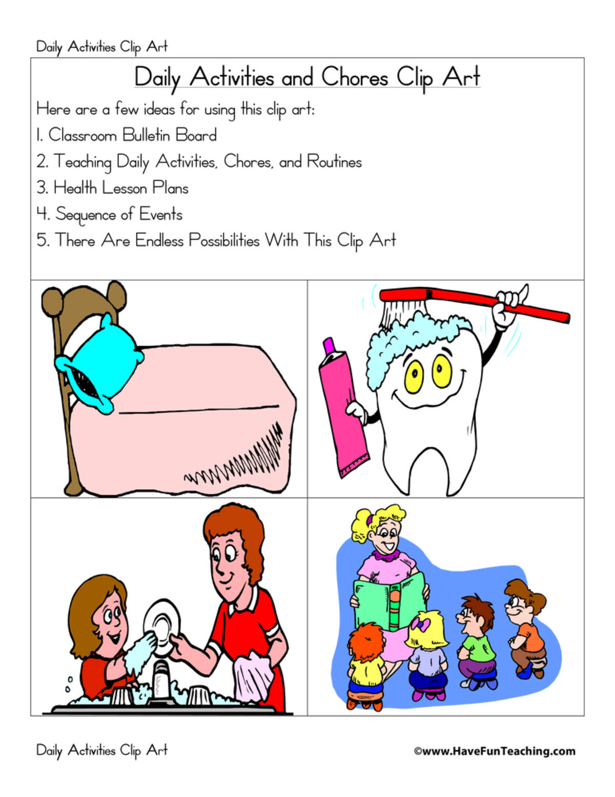 An educational teaching resource from Have Fun Teaching entitled Chores Clip Art downloadable at Teach Simple.