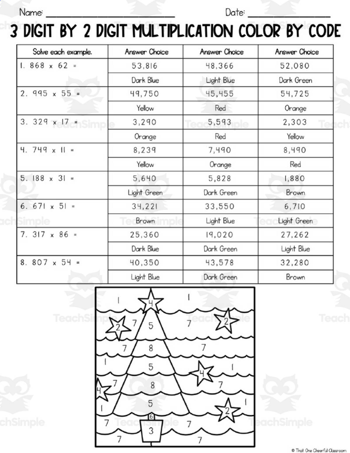An educational teaching resource from That One Cheerful Classroom entitled Christmas 3 Digit x 2 Digit Multiplication Color by Code downloadable at Teach Simple.