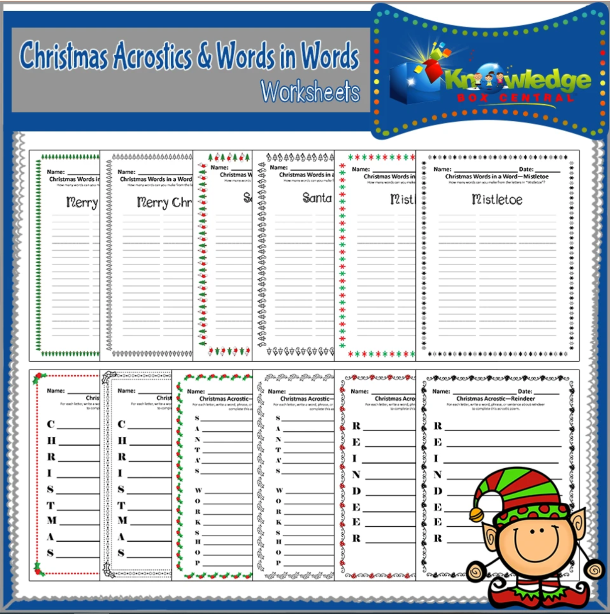 An educational teaching resource from Knowledge Box Central entitled Christmas Acrostics and Words in Words Worksheets - EBOOK downloadable at Teach Simple.