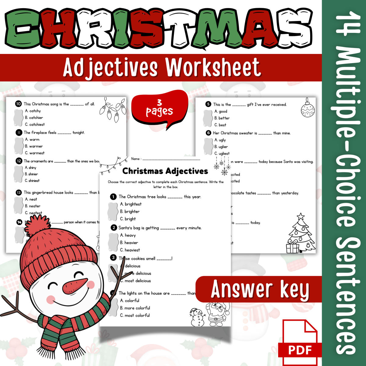 An educational teaching resource from Sadigitalart entitled Christmas Adjectives Worksheet Sample Lesson Grammar Grade 2nd – 4th downloadable at Teach Simple.