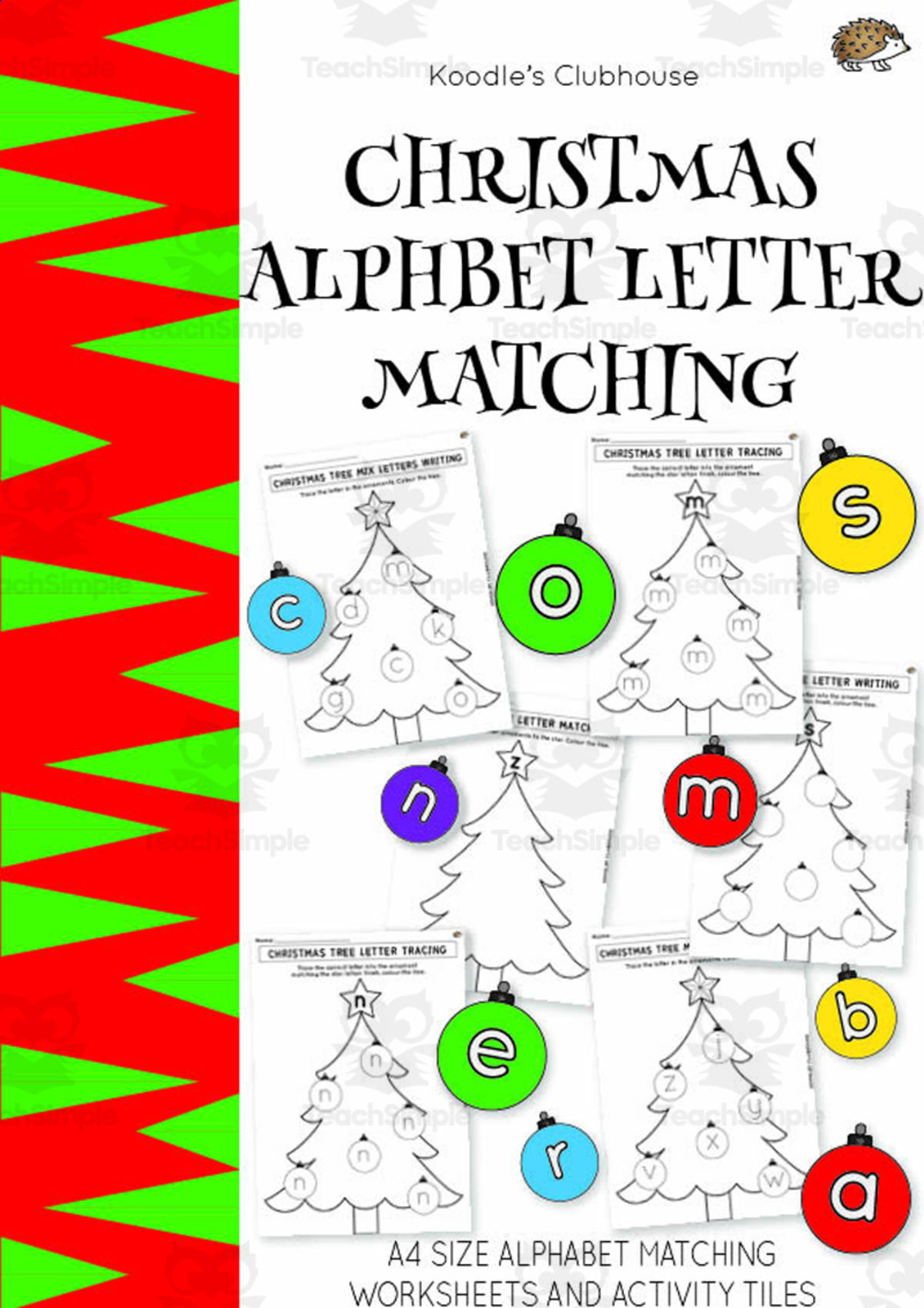An educational teaching resource from Koodles Clubhouse entitled Christmas Alphabet Letter Matching downloadable at Teach Simple.