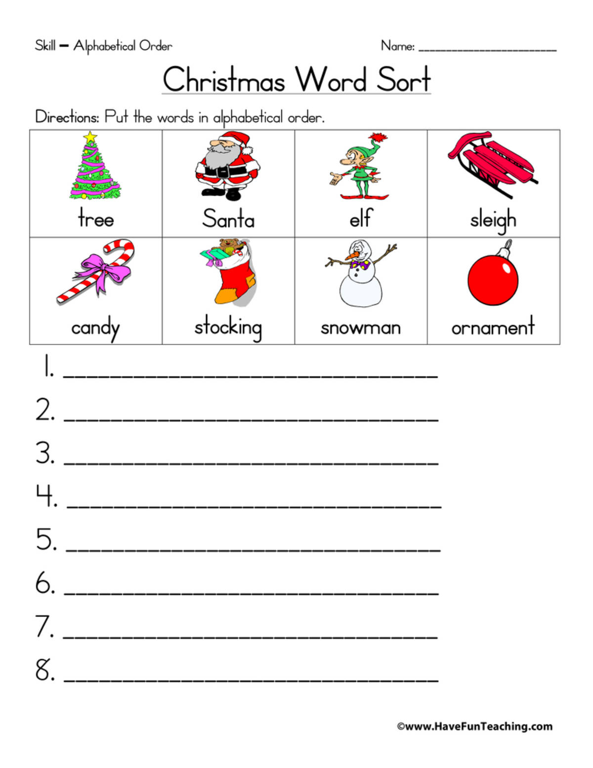 An educational teaching resource from Have Fun Teaching entitled Christmas Alphabetical Order Worksheet downloadable at Teach Simple.
