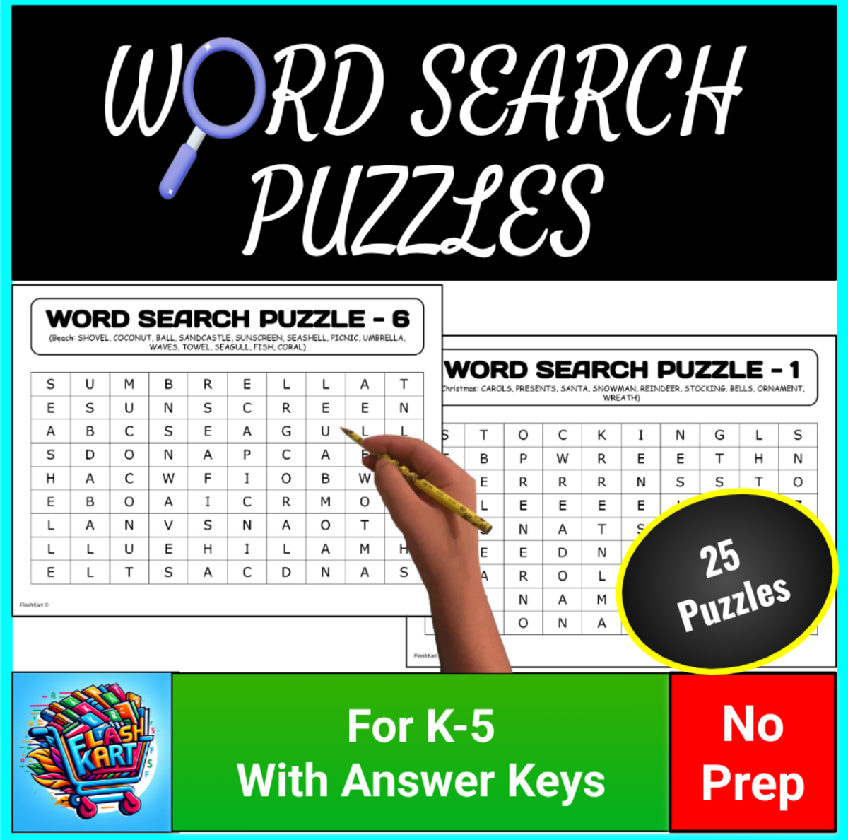 An educational teaching resource from FlashKart entitled Christmas & New Year No Prep Word Search Puzzles for Early Finishers downloadable at Teach Simple.