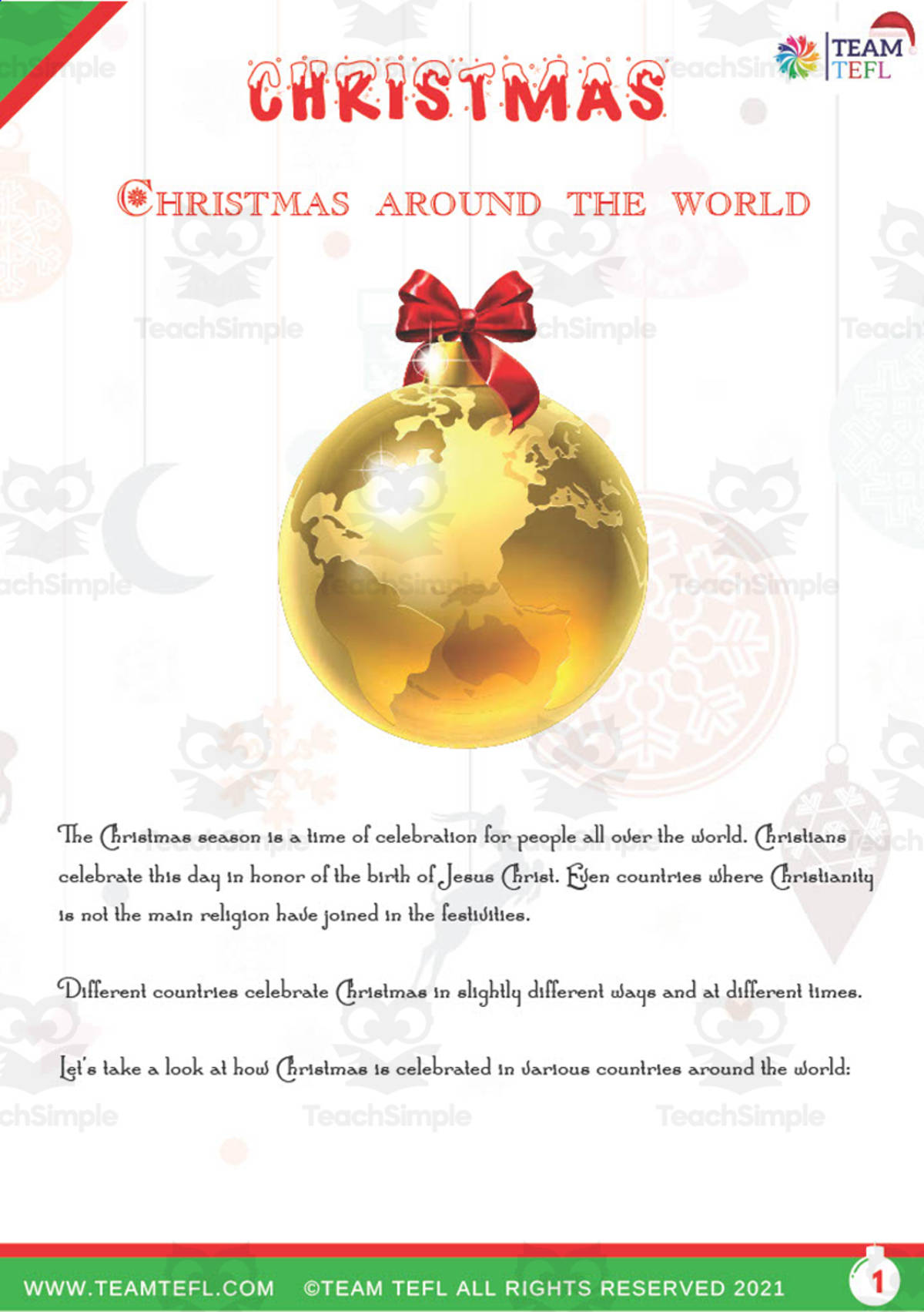 An educational teaching resource from TEAM TEFL entitled Christmas Around the World Lesson downloadable at Teach Simple.