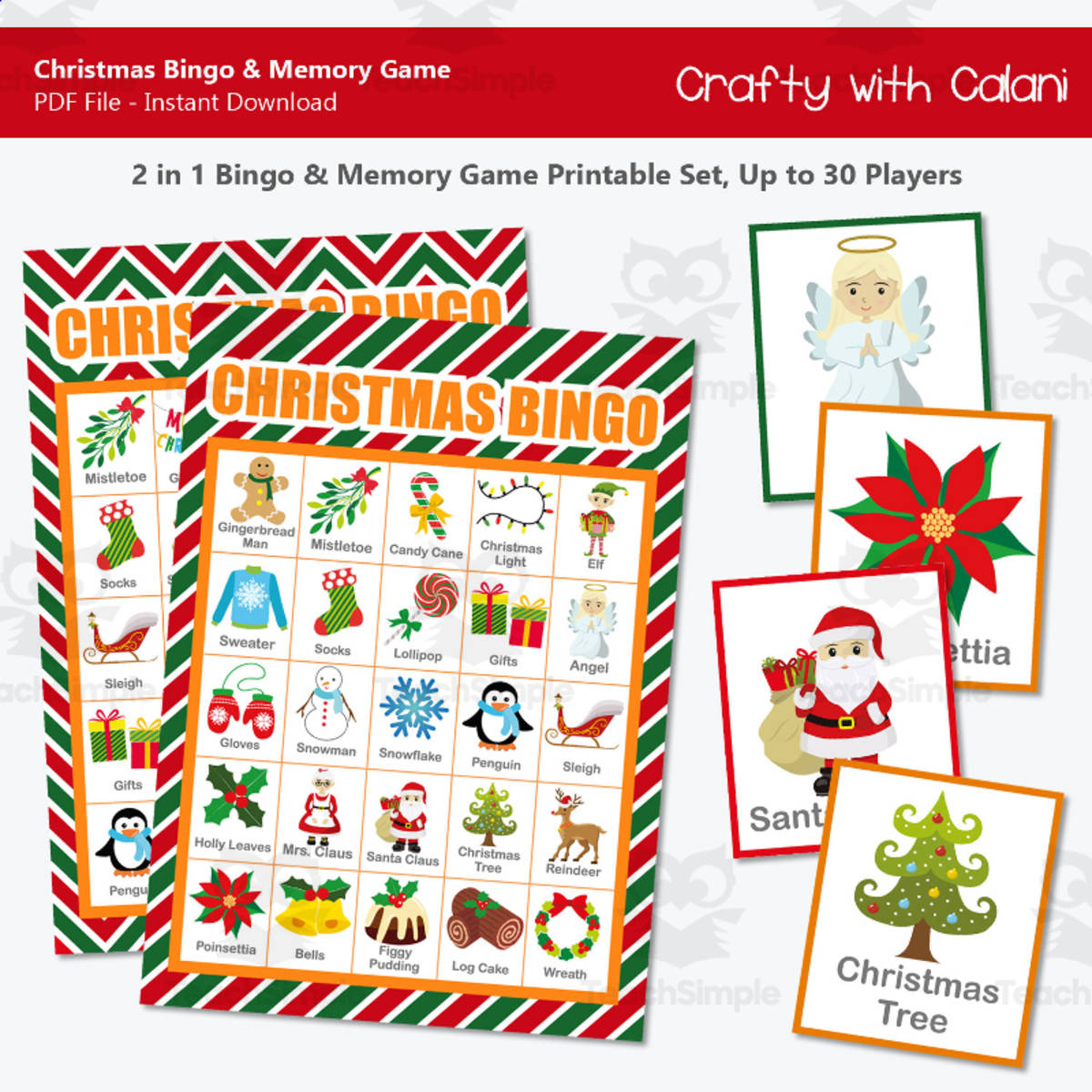 An educational teaching resource from Crafty with Calani entitled Christmas Bingo and Memory Game downloadable at Teach Simple.