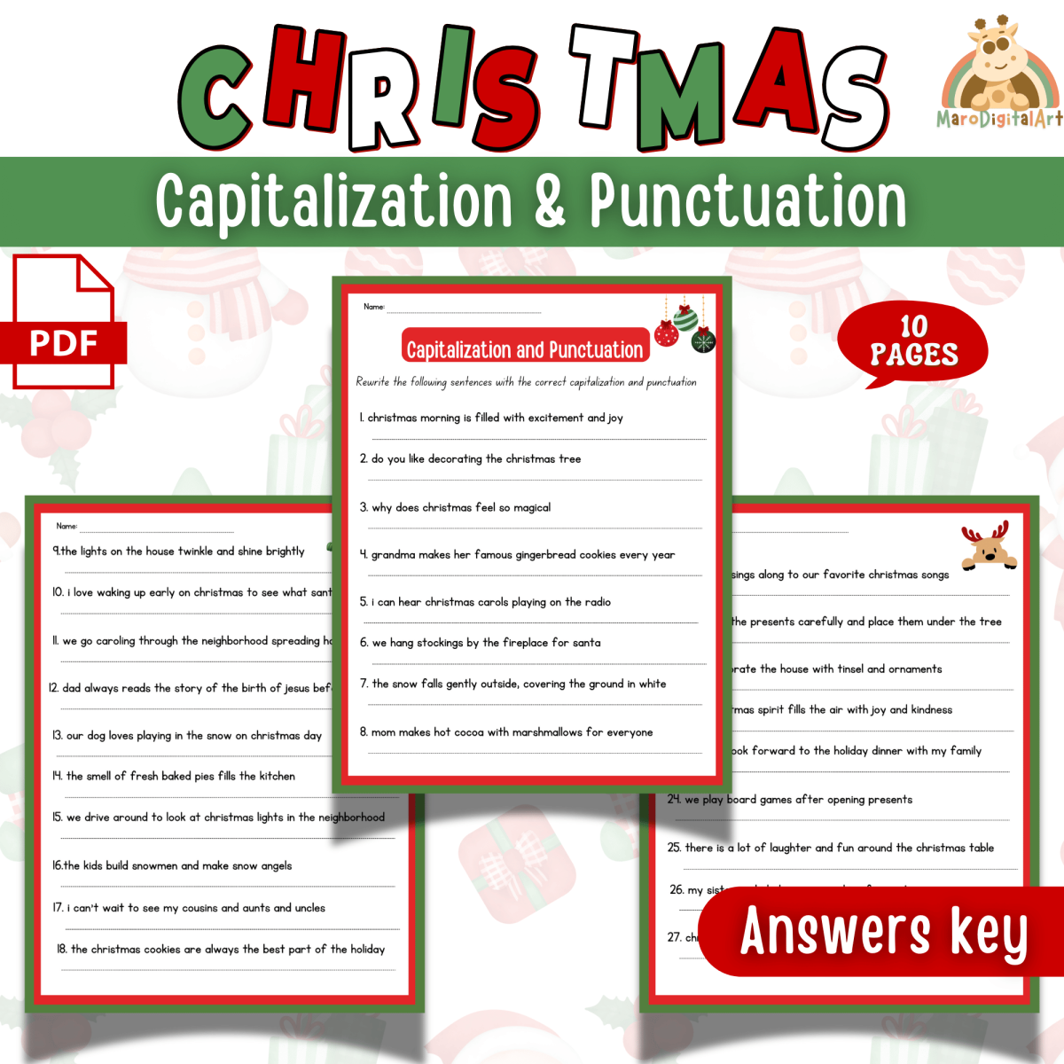 An educational teaching resource from Sadigitalart entitled Christmas capitalization and punctuation practice worksheets Sentences downloadable at Teach Simple.