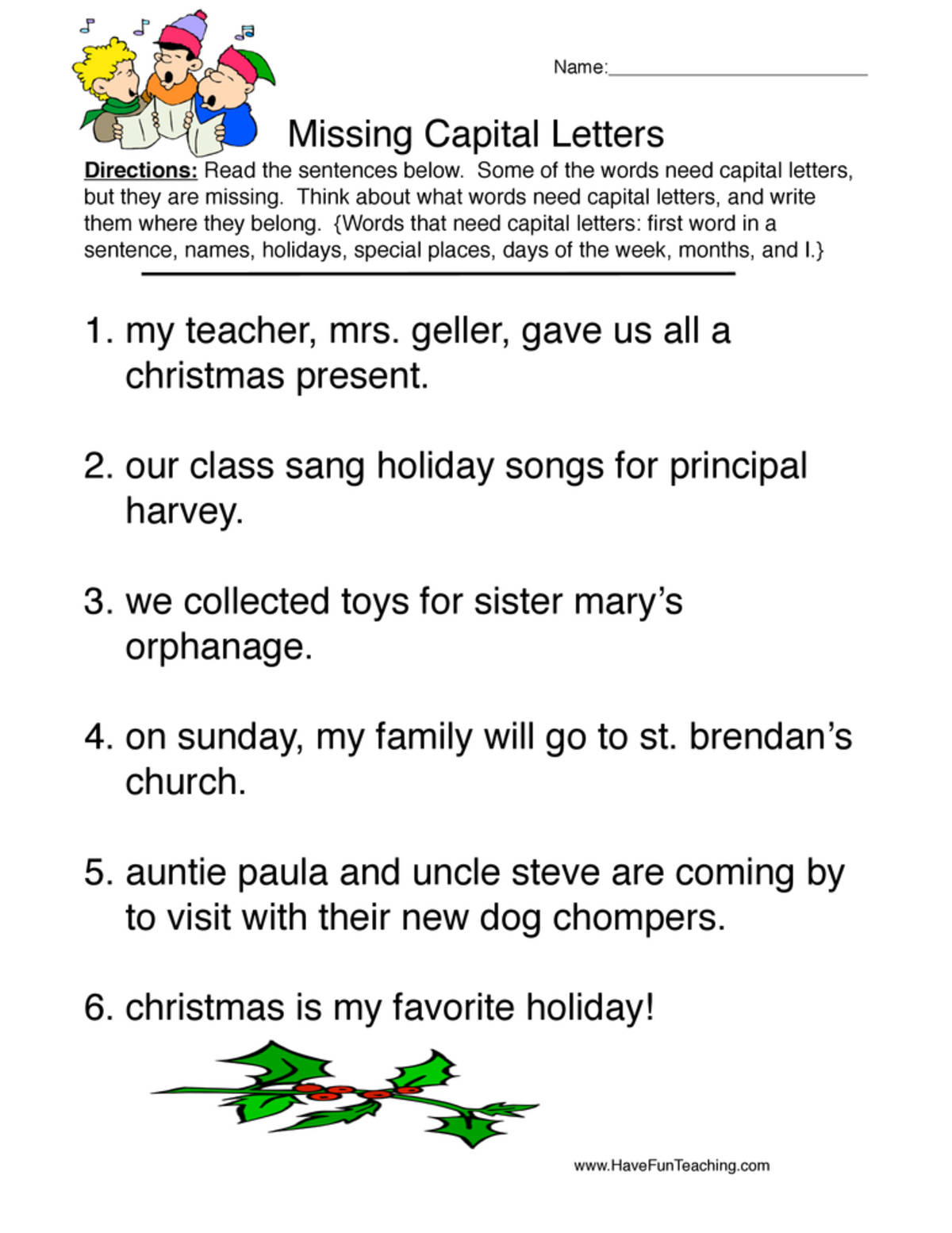 An educational teaching resource from Have Fun Teaching entitled Christmas Capitalization Worksheet downloadable at Teach Simple.