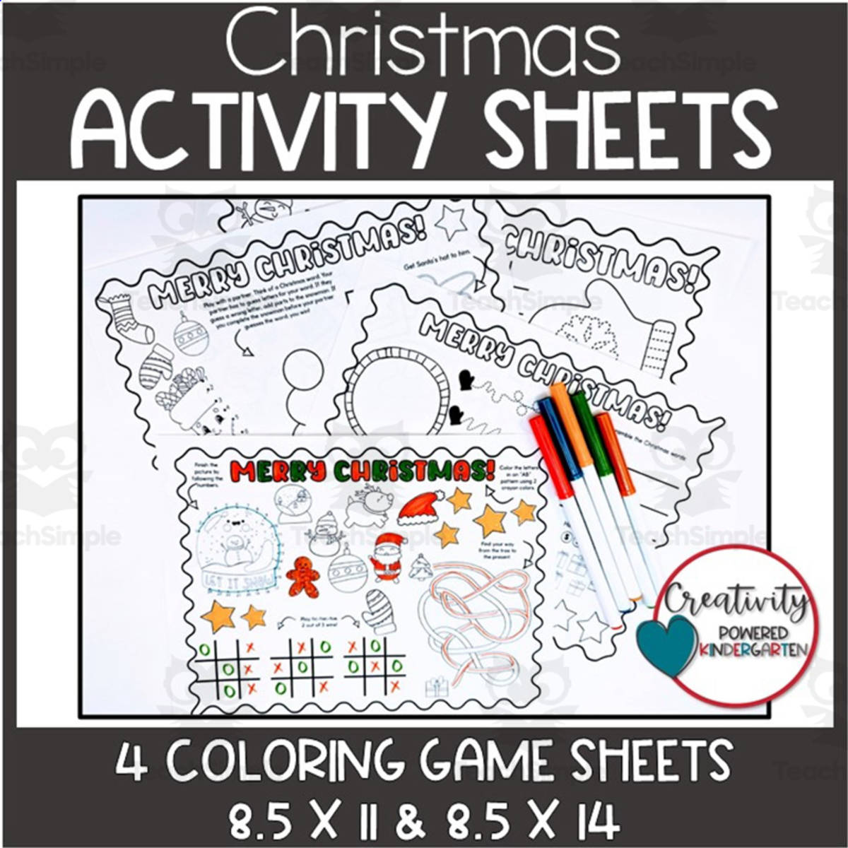 An educational teaching resource from Creativity Powered Kindergarten entitled Christmas Coloring Pages, Christmas Activities for PreK and Kindergarten downloadable at Teach Simple.