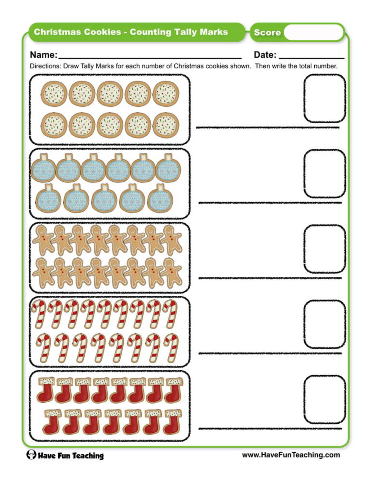 An educational teaching resource from Have Fun Teaching entitled Christmas Cookies Counting Tally Marks Worksheet downloadable at Teach Simple.