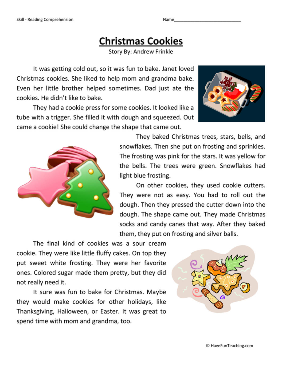 An educational teaching resource from Have Fun Teaching entitled Christmas Cookies Reading Comprehension Worksheet downloadable at Teach Simple.