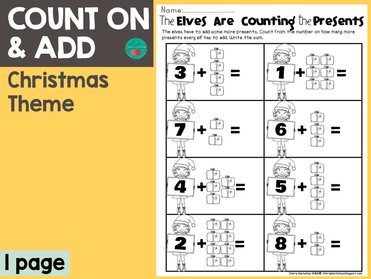 An educational teaching resource from Cherry Workshop entitled Christmas Count On & Add downloadable at Teach Simple.