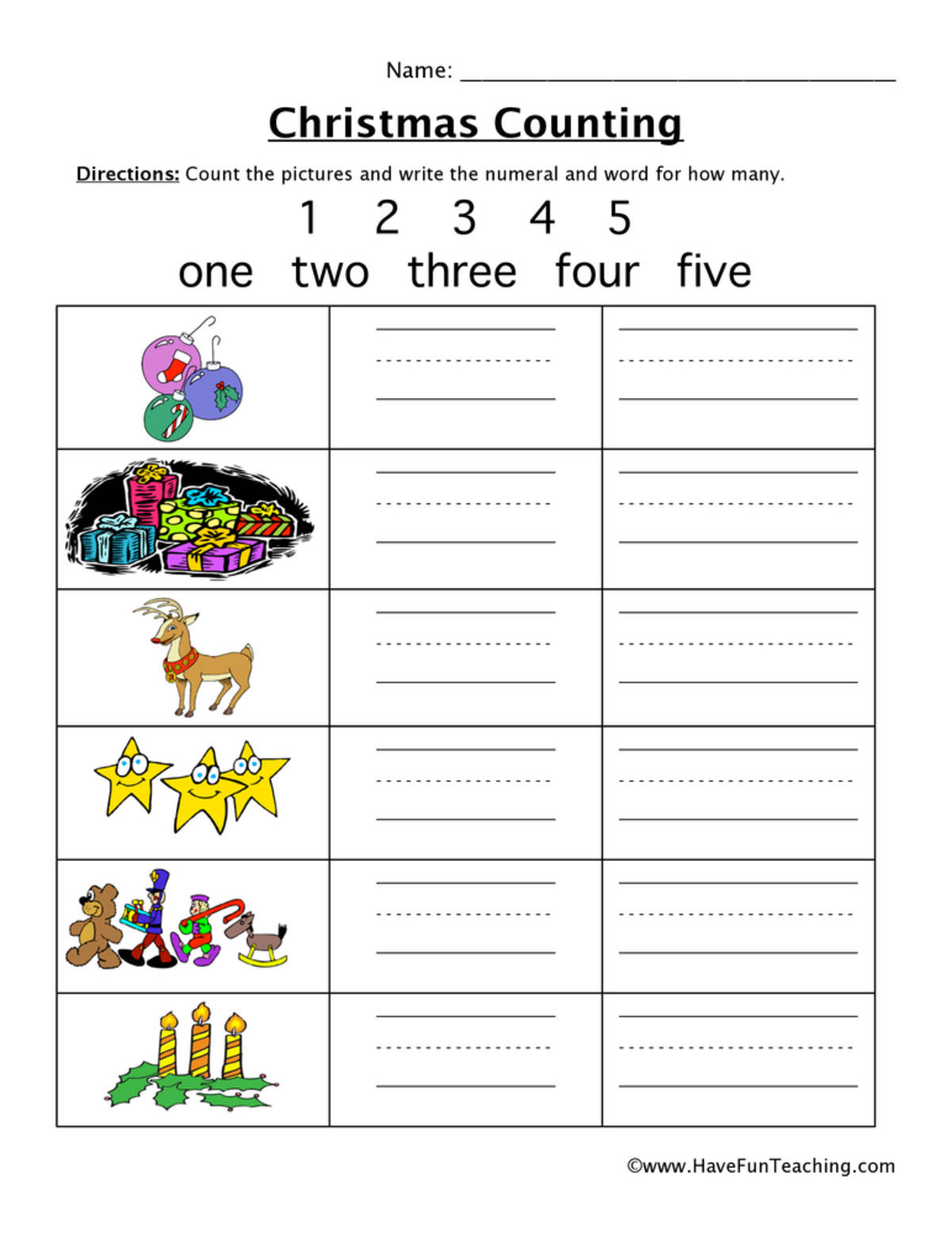 An educational teaching resource from Have Fun Teaching entitled Christmas Counting Numbers 1-5 Worksheet downloadable at Teach Simple.