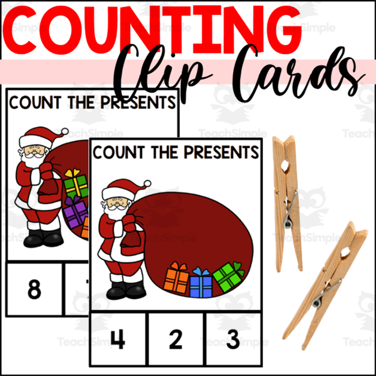 An educational teaching resource from The Connett Connection entitled Christmas Counting to 10 Clip Cards with Santa downloadable at Teach Simple.