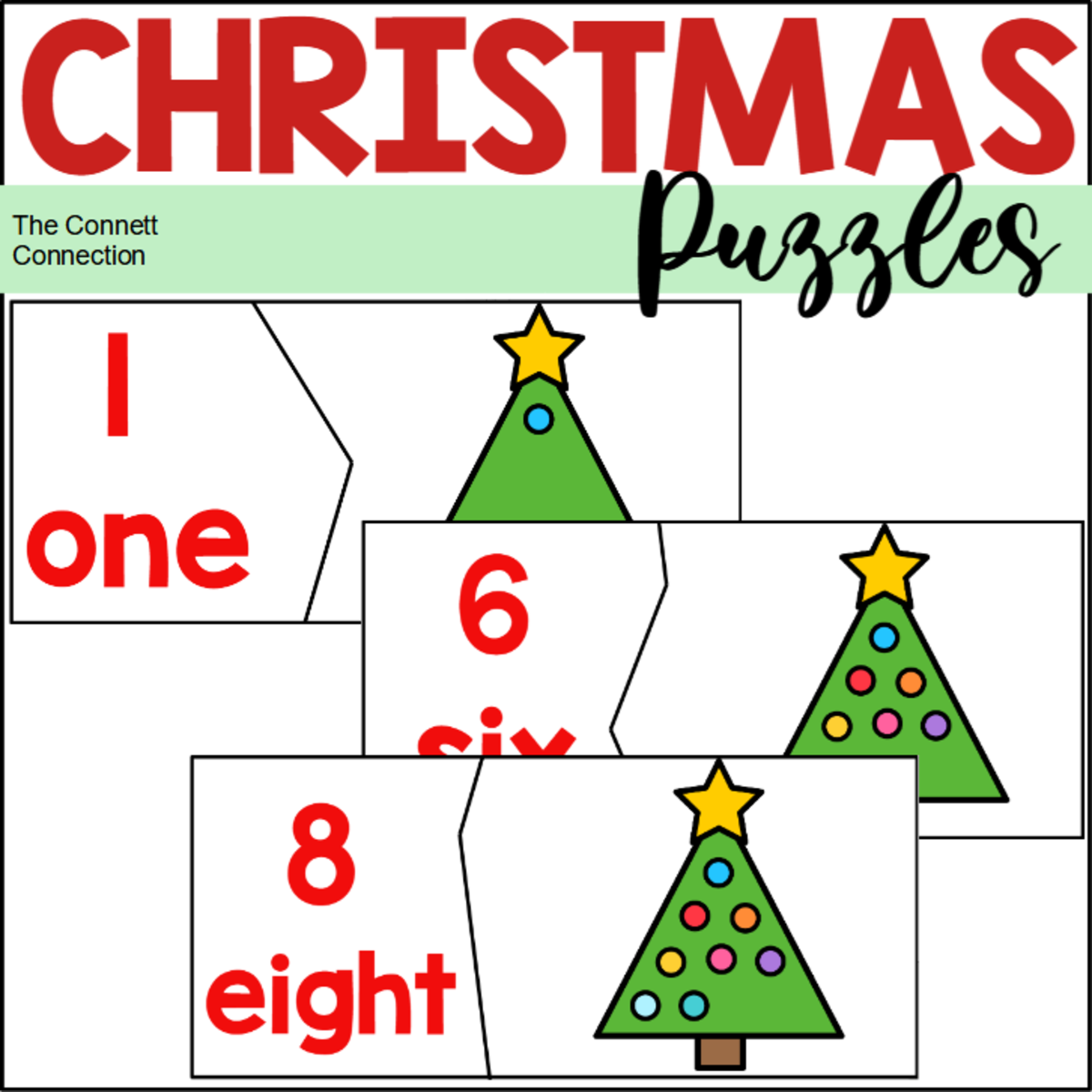 An educational teaching resource from The Connett Connection entitled Christmas Counting to 10 Puzzles downloadable at Teach Simple.