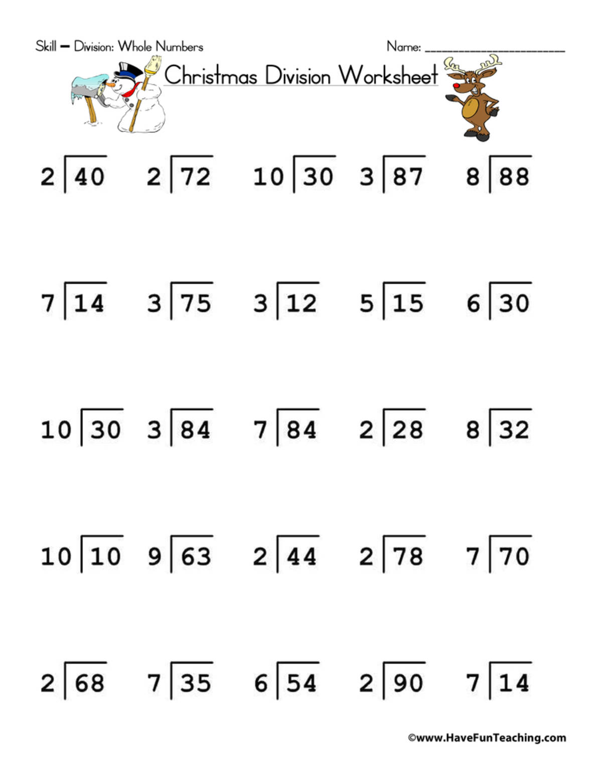 An educational teaching resource from Have Fun Teaching entitled Christmas Division Worksheet downloadable at Teach Simple.