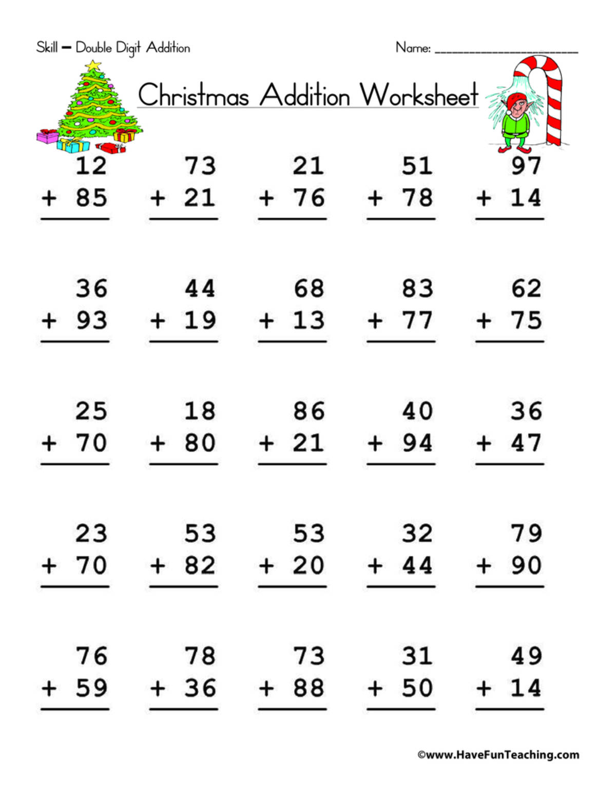 An educational teaching resource from Have Fun Teaching entitled Christmas Double Digit Addition Worksheet downloadable at Teach Simple.