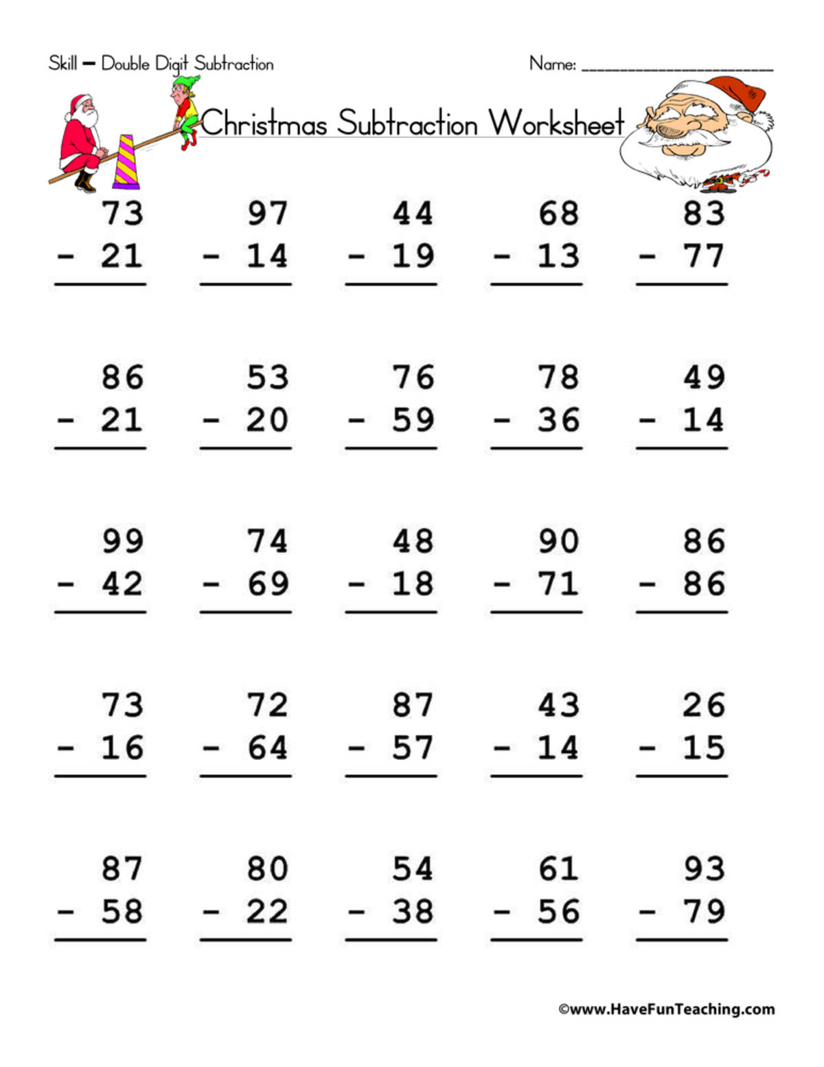 An educational teaching resource from Have Fun Teaching entitled Christmas Double Digit Subtraction Worksheet downloadable at Teach Simple.