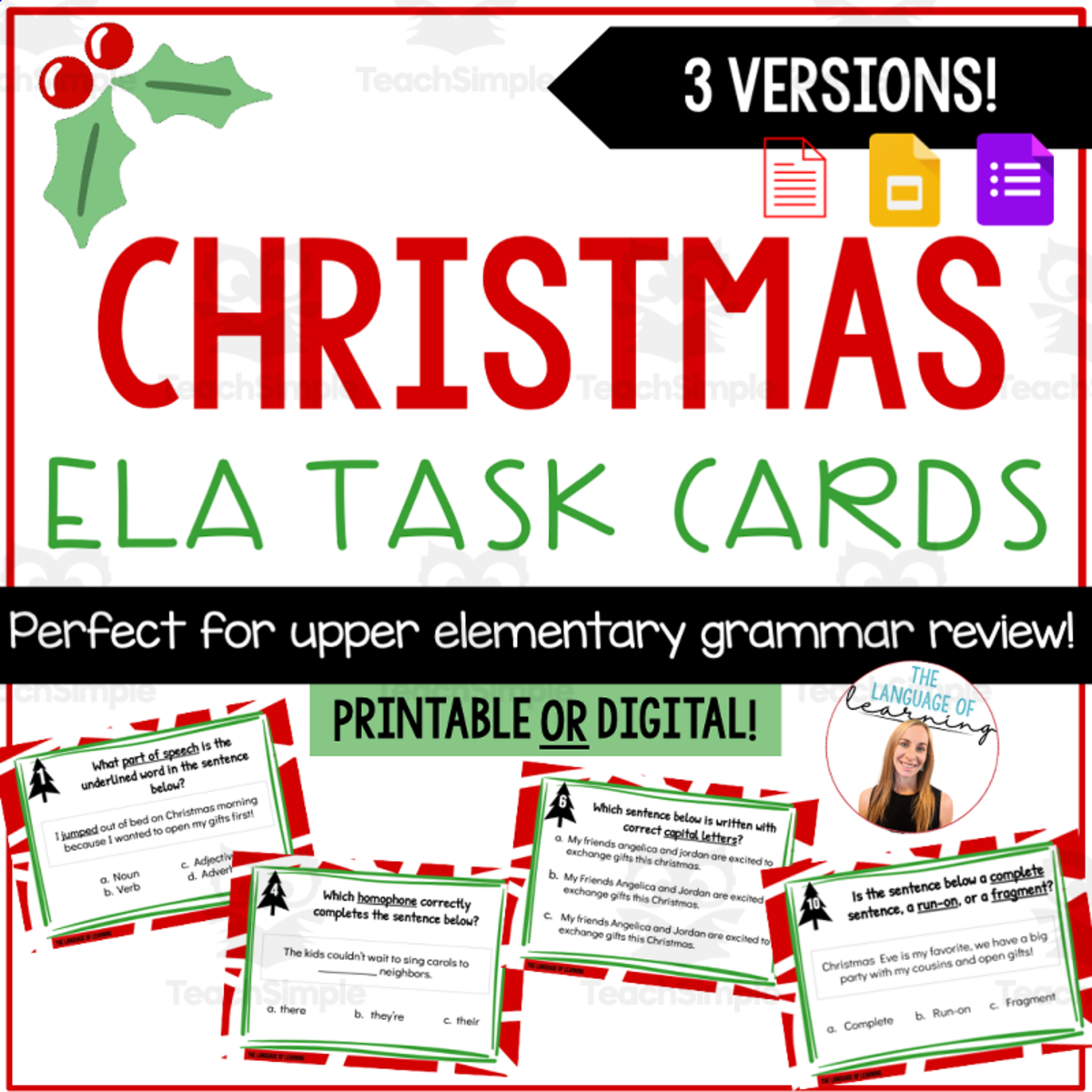 An educational teaching resource from The Language of Learning entitled Christmas ELA Task Cards downloadable at Teach Simple.