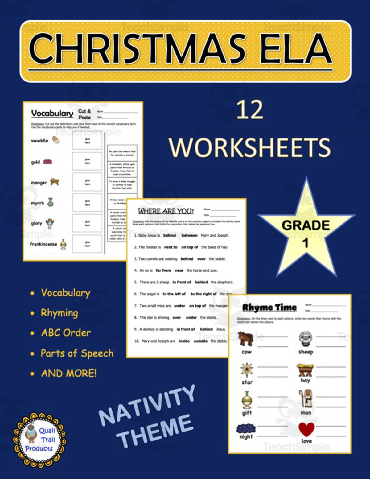 An educational teaching resource from Quail Trail Products entitled Christmas ELA Worksheets - Nativity Theme downloadable at Teach Simple.