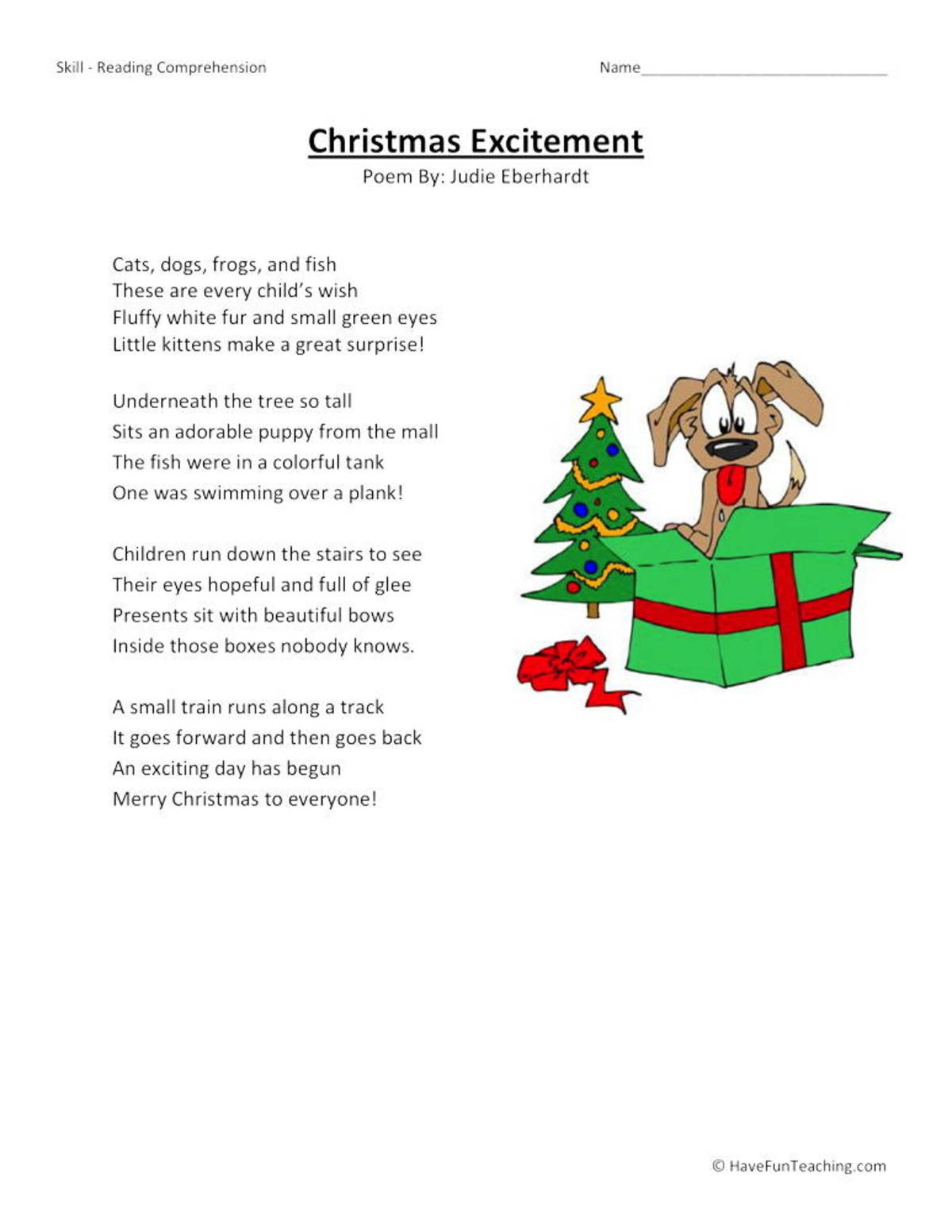 An educational teaching resource from Have Fun Teaching entitled Christmas Excitement - Reading Comprehension Worksheet downloadable at Teach Simple.