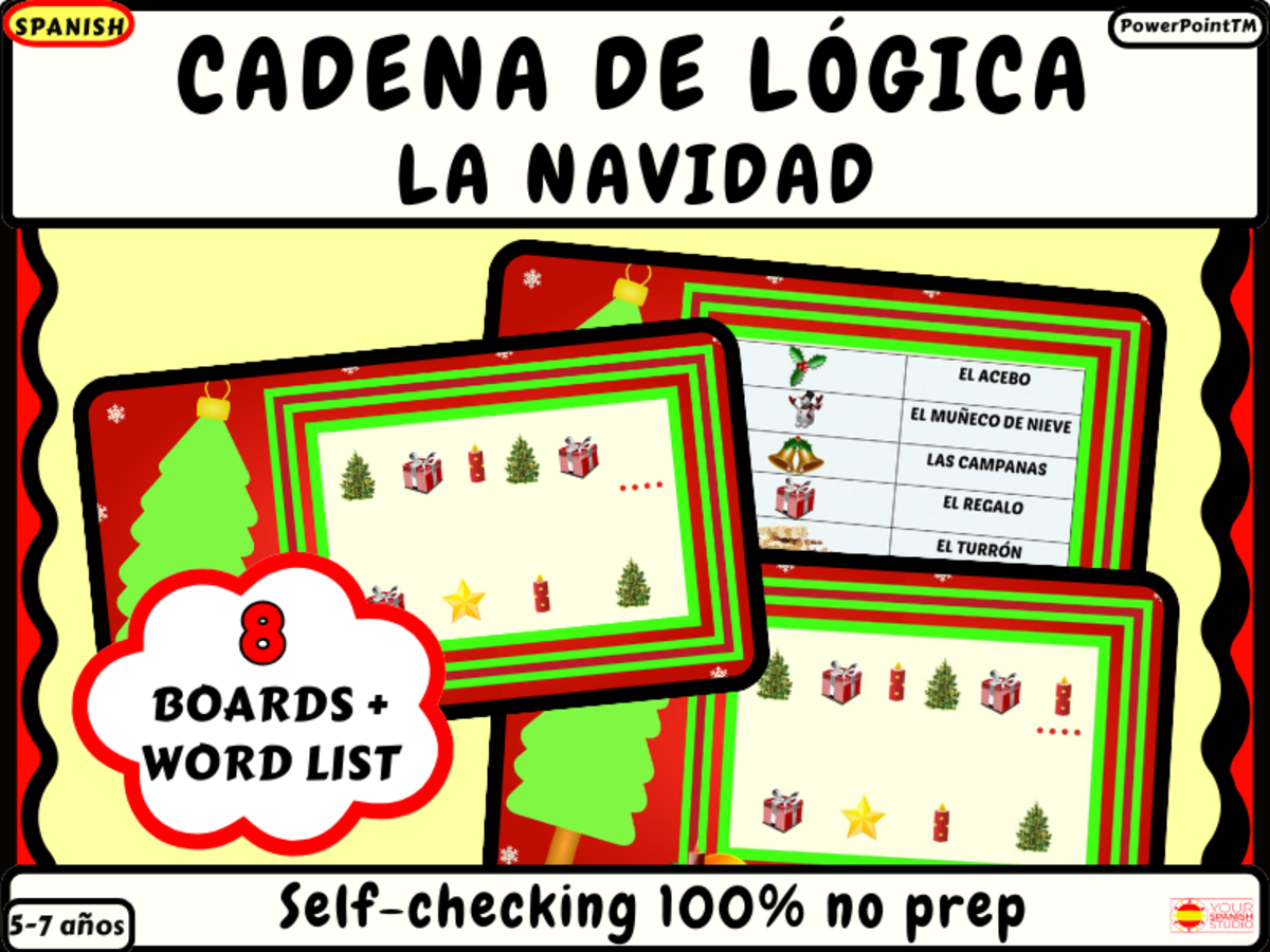 An educational teaching resource from Your Spanish Studio entitled Christmas in Spanish Noprep Logic chain for kids and vocabulary downloadable at Teach Simple.