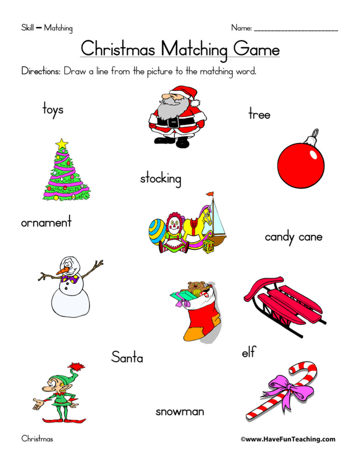 An educational teaching resource from Have Fun Teaching entitled Christmas Matching Worksheet downloadable at Teach Simple.