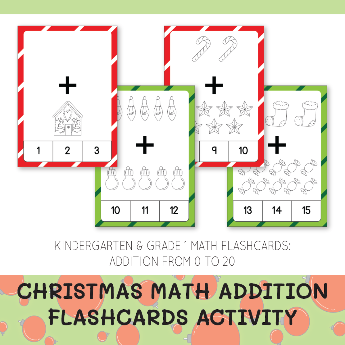 An educational teaching resource from Koodles Clubhouse entitled Christmas Math Addition Flashcards Activity downloadable at Teach Simple.
