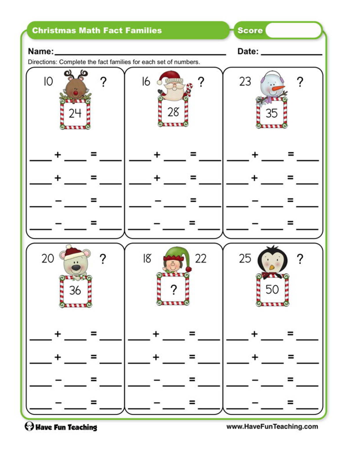 An educational teaching resource from Have Fun Teaching entitled Christmas Math Fact Families Worksheet downloadable at Teach Simple.
