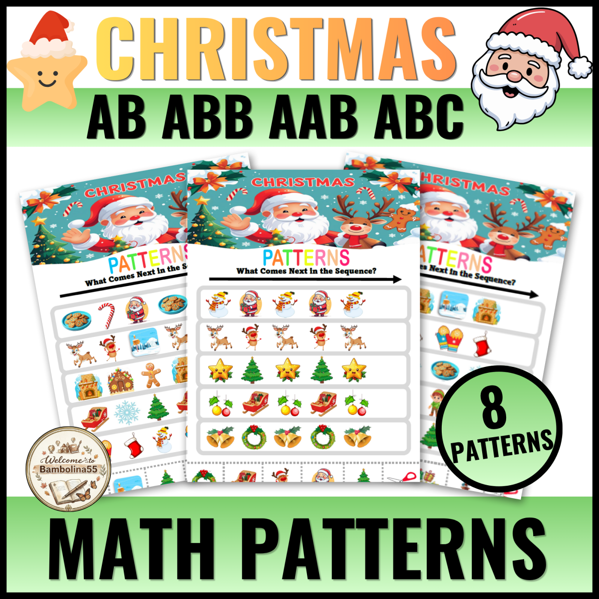 Christmas Math Patterns Santa Finish the Pattern Worksheets Activity preview