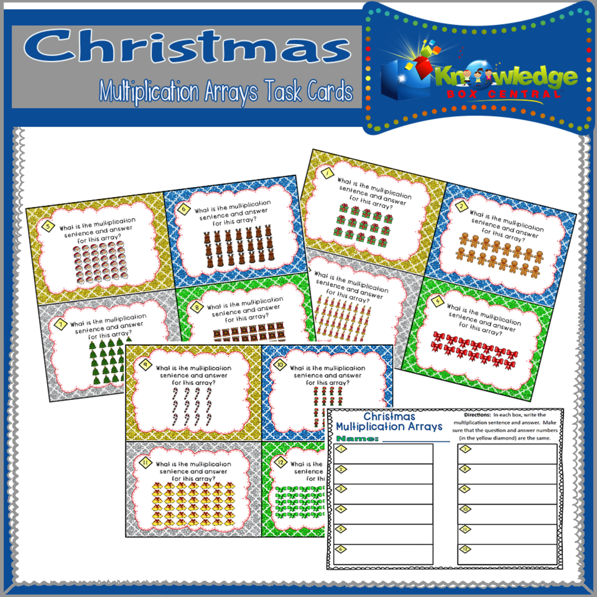 An educational teaching resource from Knowledge Box Central entitled Christmas Multiplication Arrays Task Cards With Response Sheet & Answer Key - EBOOK downloadable at Teach Simple.