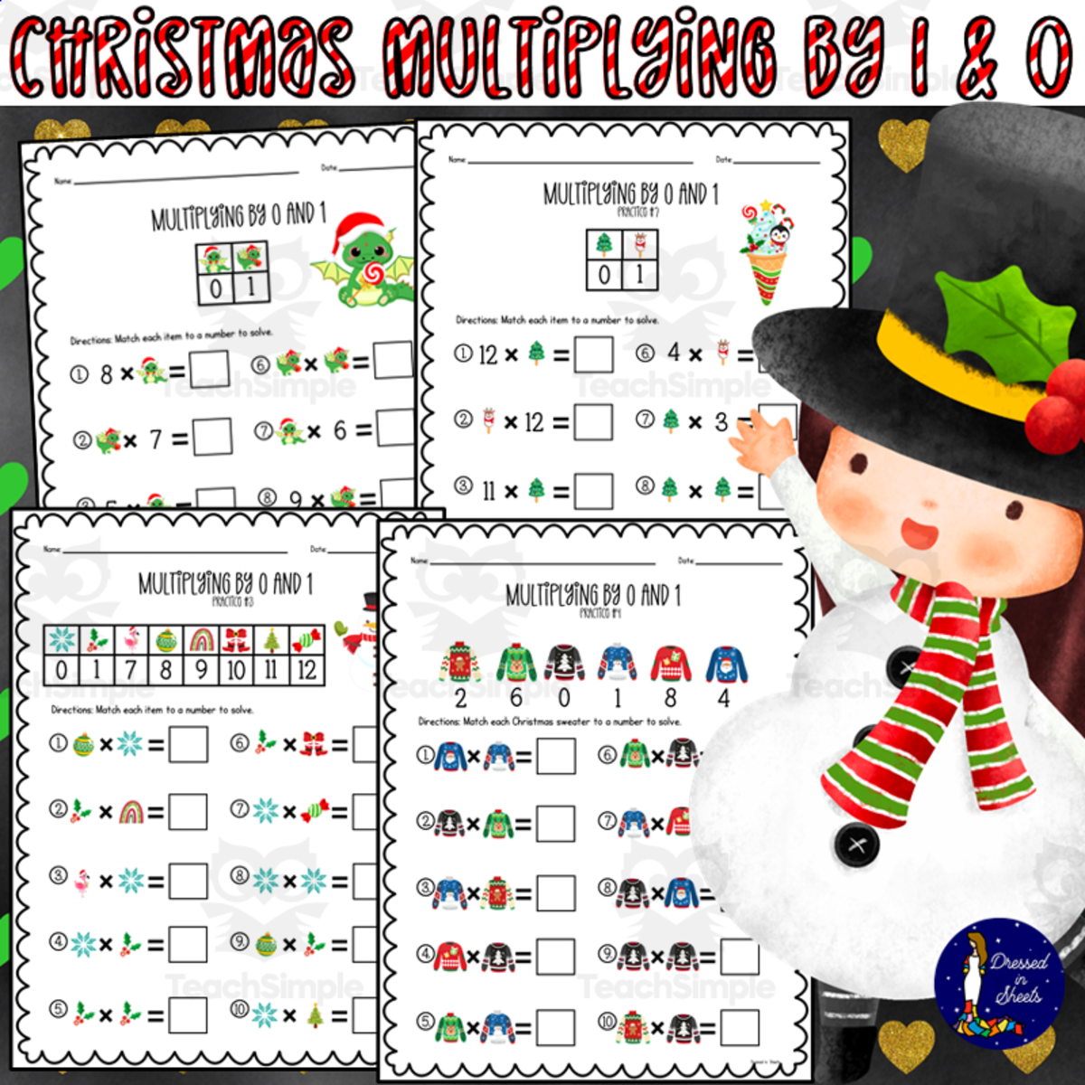 An educational teaching resource from Soumara Siddiqui entitled Christmas Multiplying by 1 and 0 downloadable at Teach Simple.