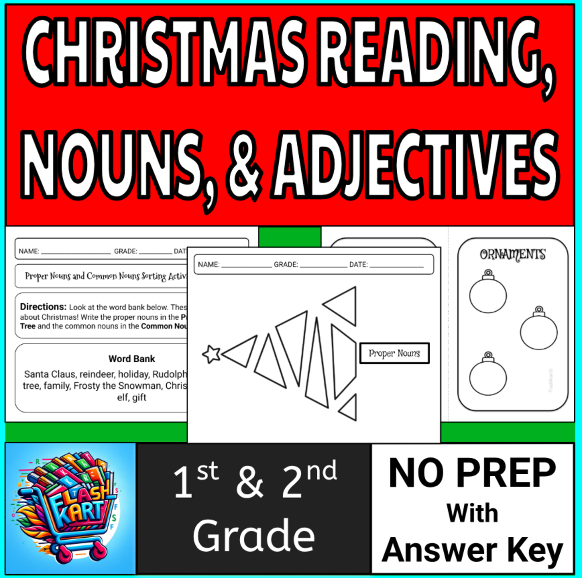 An educational teaching resource from FlashKart entitled Christmas: Nouns Sorting, Adjectives Craft, & Reading for 1st and 2nd downloadable at Teach Simple.